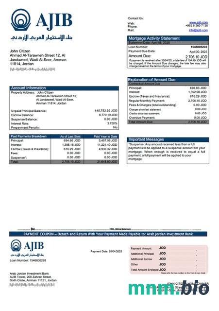 Jordania Arabsko-Jordański Bank Inwestycyjny (AJIB) wyciąg z kredytu hipotecznego szablon Word i PDF